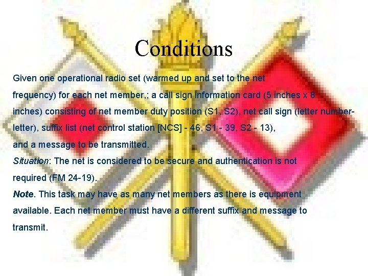 Conditions Given one operational radio set (warmed up and set to the net frequency)