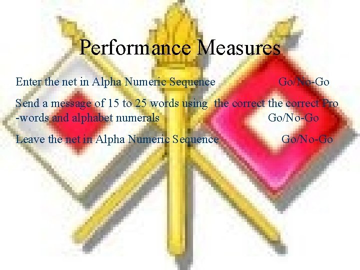 Performance Measures Enter the net in Alpha Numeric Sequence Go/No-Go Send a message of