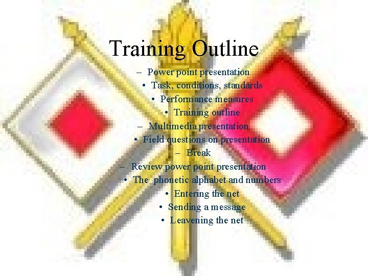 Training Outline – Power point presentation • Task, conditions, standards • Performance measures •