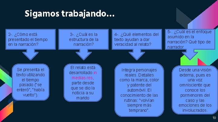 Sigamos trabajando… 2 -. ¿Cómo está presentado el tiempo en la narración? Se presenta