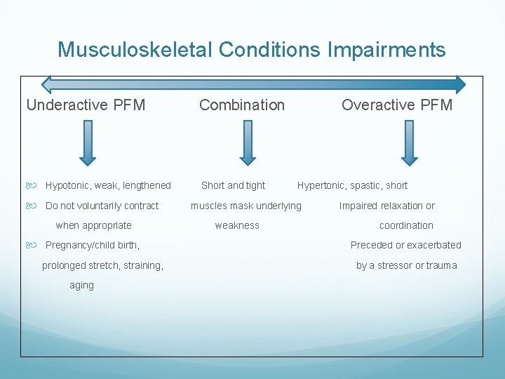 Musculoskeletal Conditions Impairments Underactive PFM Combination Hypotonic, weak, lengthened Short and tight Do not Musculoskeletal Conditions Impairments Underactive PFM Combination Hypotonic, weak, lengthened Short and tight Do not