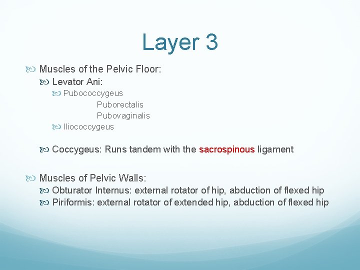 Layer 3 Muscles of the Pelvic Floor: Levator Ani: Pubococcygeus Puborectalis Pubovaginalis Iliococcygeus Coccygeus: Layer 3 Muscles of the Pelvic Floor: Levator Ani: Pubococcygeus Puborectalis Pubovaginalis Iliococcygeus Coccygeus:
