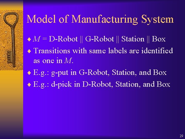 Model of Manufacturing System ¨ M = D-Robot || G-Robot || Station || Box