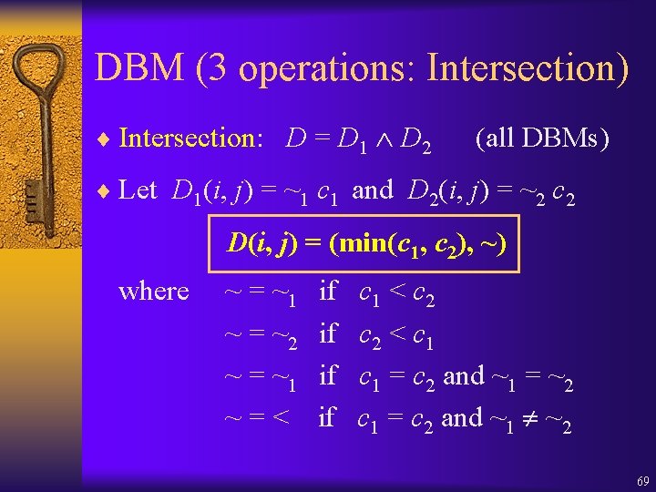 DBM (3 operations: Intersection) ¨ Intersection: D = D 1 D 2 (all DBMs)