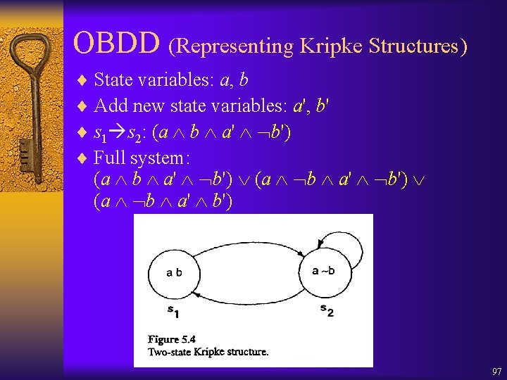 OBDD (Representing Kripke Structures) ¨ State variables: a, b ¨ Add new state variables: