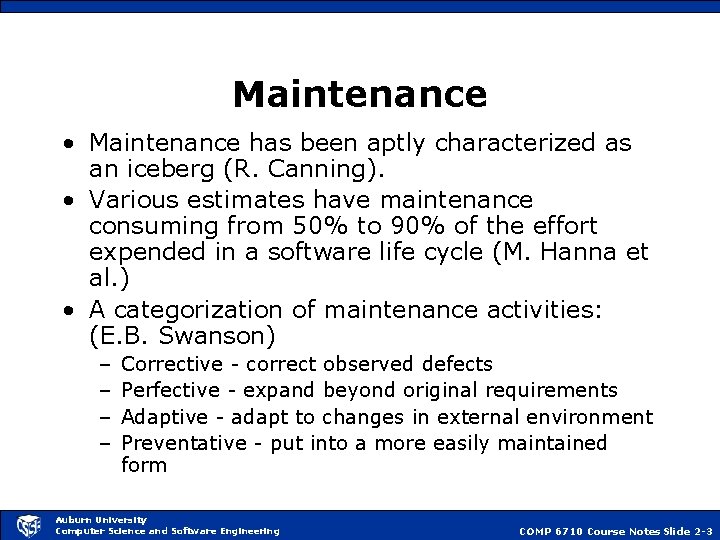 Maintenance • Maintenance has been aptly characterized as an iceberg (R. Canning). • Various