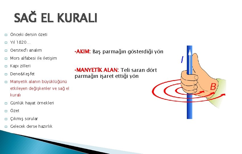 SAĞ EL KURALI � Önceki dersin özeti � Yıl 1820… � Oersted’ı analım �