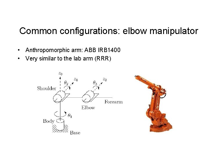 Common configurations: elbow manipulator • Anthropomorphic arm: ABB IRB 1400 • Very similar to Common configurations: elbow manipulator • Anthropomorphic arm: ABB IRB 1400 • Very similar to