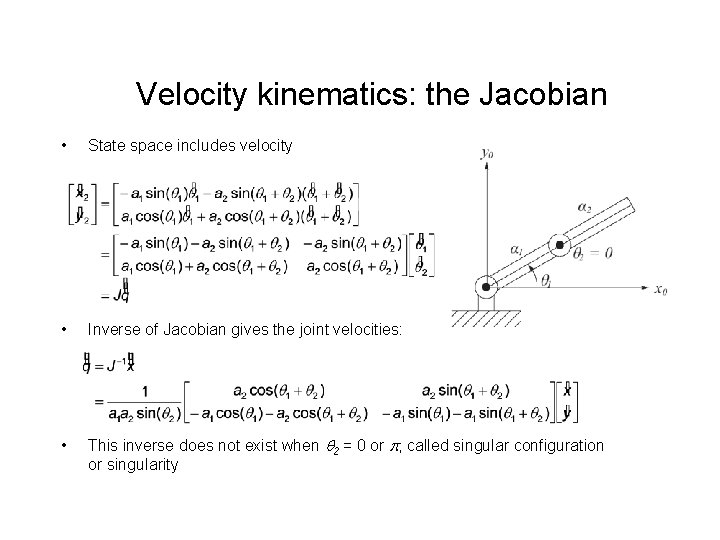 Velocity kinematics: the Jacobian • State space includes velocity • Inverse of Jacobian gives Velocity kinematics: the Jacobian • State space includes velocity • Inverse of Jacobian gives
