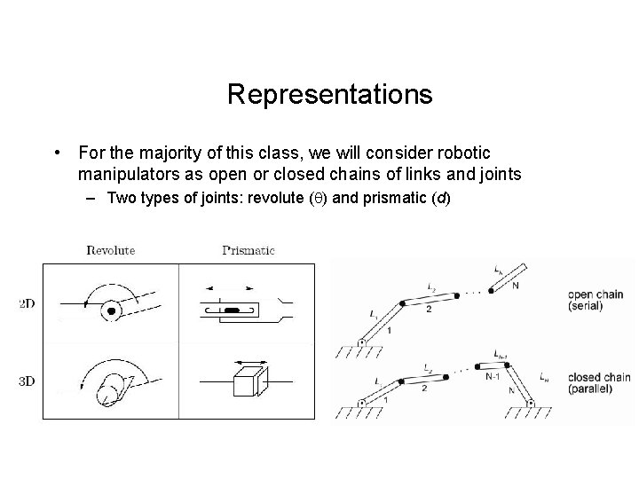 Representations • For the majority of this class, we will consider robotic manipulators as Representations • For the majority of this class, we will consider robotic manipulators as