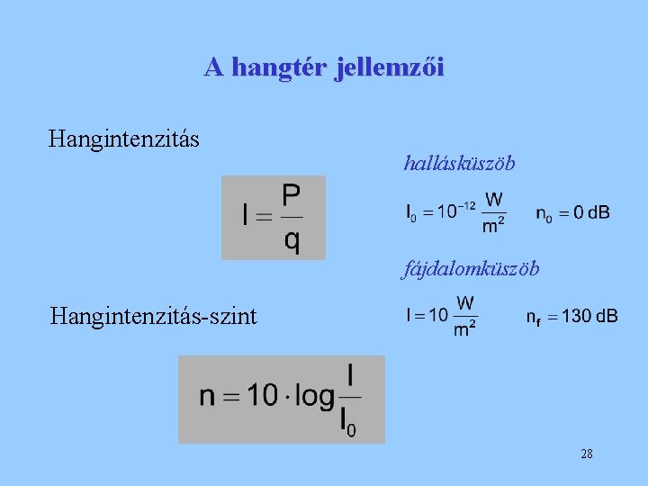 A hangtér jellemzői Hangintenzitás hallásküszöb fájdalomküszöb Hangintenzitás-szint 28 