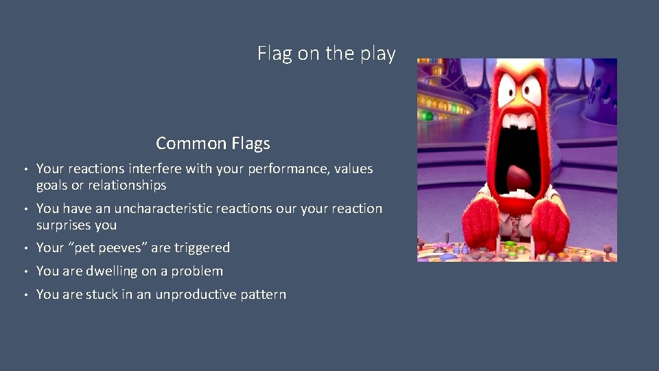 Flag on the play Common Flags • Your reactions interfere with your performance, values Flag on the play Common Flags • Your reactions interfere with your performance, values