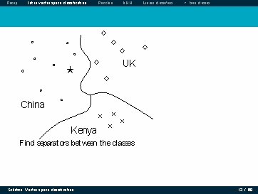 Recap Intro vector space classification Rocchio k. NN Linear classifiers > two classes Classes Recap Intro vector space classification Rocchio k. NN Linear classifiers > two classes Classes