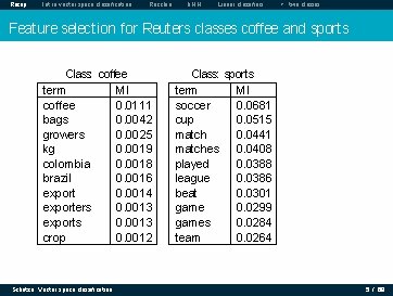 Recap Intro vector space classification Rocchio k. NN Linear classifiers > two classes Feature Recap Intro vector space classification Rocchio k. NN Linear classifiers > two classes Feature