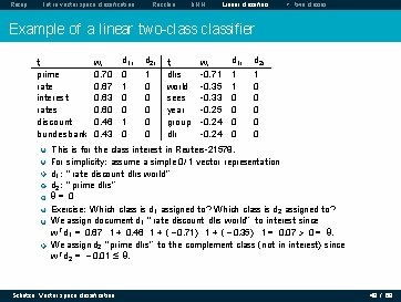 Recap Intro vector space classification Rocchio k. NN Linear classifiers > two classes Example Recap Intro vector space classification Rocchio k. NN Linear classifiers > two classes Example