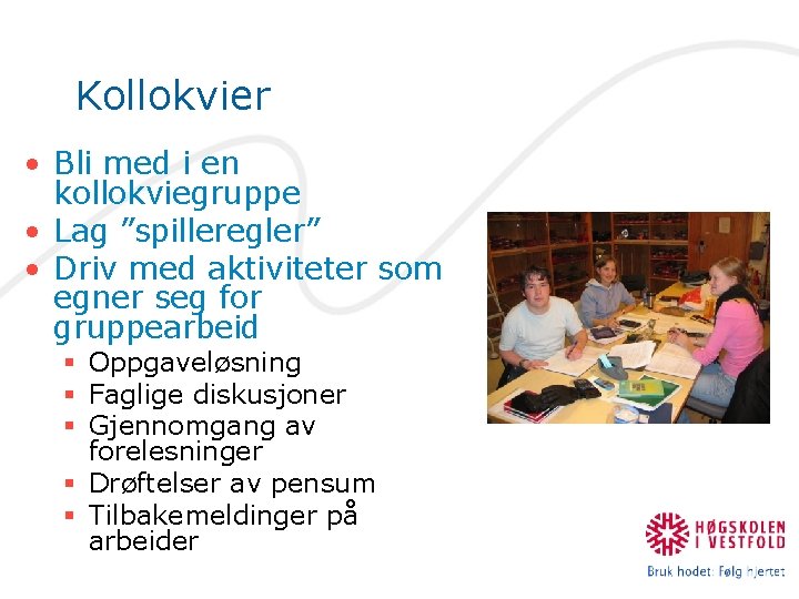 Kollokvier • Bli med i en kollokviegruppe • Lag ”spilleregler” • Driv med aktiviteter