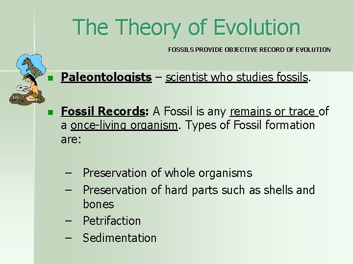 The Theory of Evolution FOSSILS PROVIDE OBJECTIVE RECORD OF EVOLUTION n Paleontologists – scientist