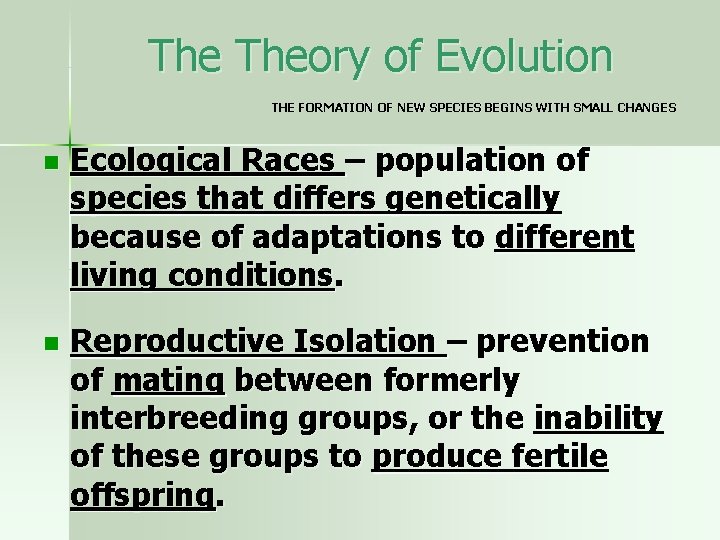 The Theory of Evolution THE FORMATION OF NEW SPECIES BEGINS WITH SMALL CHANGES n