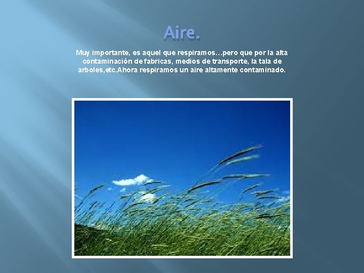 Aire. Muy importante, es aquel que respiramos…pero que por la alta contaminación de fabricas,