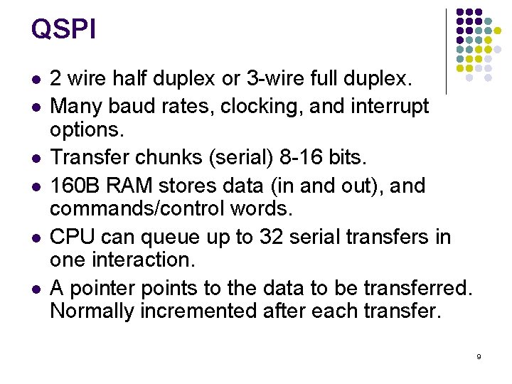QSPI l l l 2 wire half duplex or 3 -wire full duplex. Many
