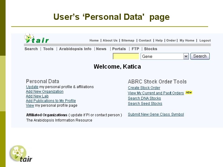 User’s ‘Personal Data' page 