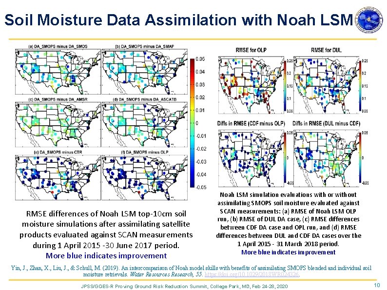 Soil Moisture Data Assimilation with Noah LSM RMSE differences of Noah LSM top-10 cm