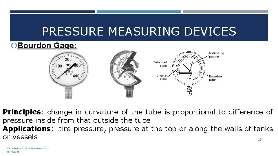 PRESSURE MEASURING DEVICES Bourdon Gage: Principles: change in curvature of the tube is proportional