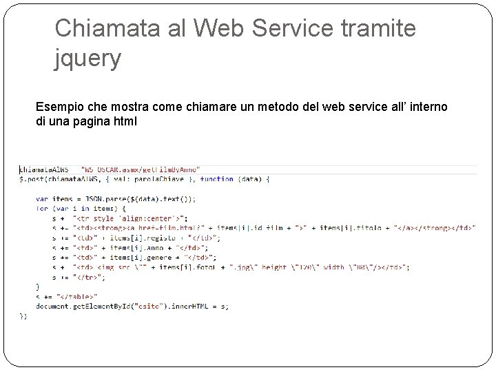 Chiamata al Web Service tramite jquery Esempio che mostra come chiamare un metodo del