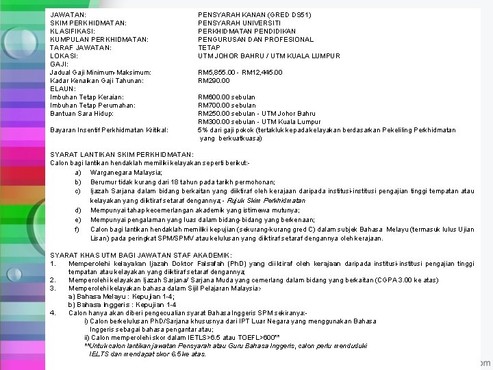 JAWATAN: SKIM PERKHIDMATAN: KLASIFIKASI: KUMPULAN PERKHIDMATAN: TARAF JAWATAN: LOKASI: GAJI: Jadual Gaji Minimum-Maksimum: Kadar