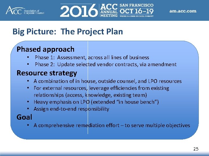 Big Picture: The Project Plan Phased approach • Phase 1: Assessment, across all lines