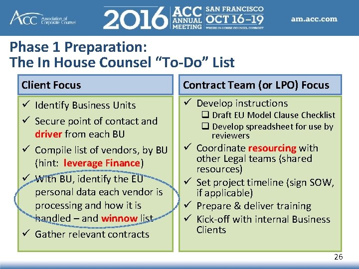 Phase 1 Preparation: The In House Counsel “To-Do” List Client Focus Contract Team (or