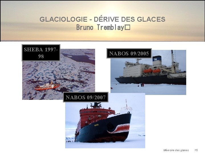 GLACIOLOGIE - DÉRIVE DES GLACES Bruno Tremblay� SHEBA 199798 NABOS 09/2005 NABOS 09/2007 Mémoire