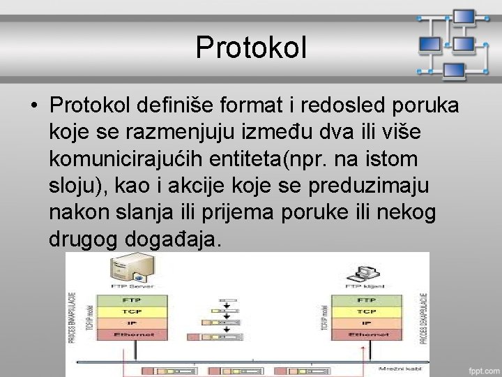 Protokol • Protokol definiše format i redosled poruka koje se razmenjuju između dva ili