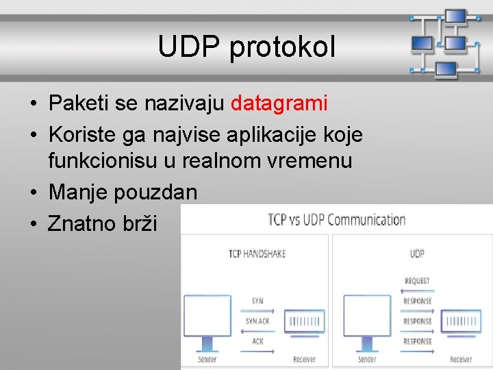 UDP protokol • Paketi se nazivaju datagrami • Koriste ga najvise aplikacije koje funkcionisu