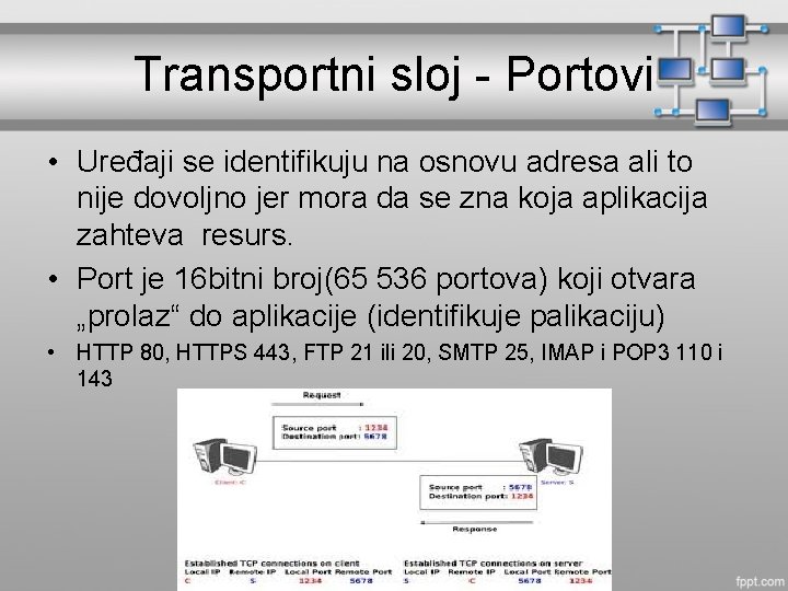 Transportni sloj - Portovi • Uređaji se identifikuju na osnovu adresa ali to nije