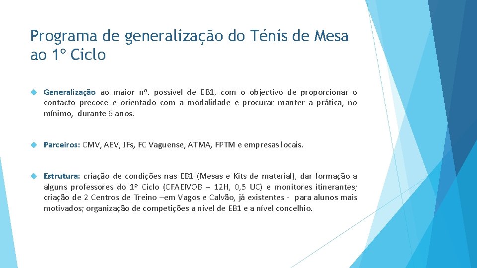 Programa de generalização do Ténis de Mesa ao 1º Ciclo Generalização ao maior nº.