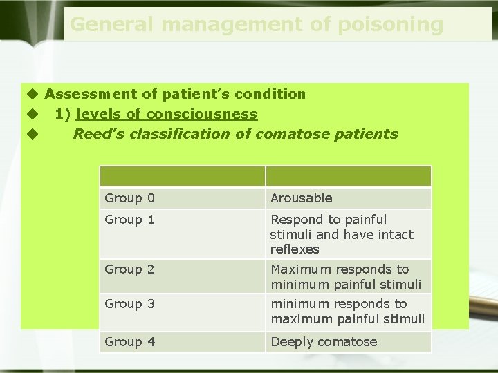 General management of poisoning u Assessment of patient’s condition u 1) levels of consciousness