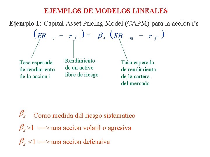 EJEMPLOS DE MODELOS LINEALES Ejemplo 1: Capital Asset Pricing Model (CAPM) para la accion