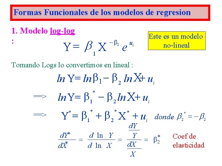 Formas Funcionales de los modelos de regresion 1. Modelo log-log : Y= b 1 Formas Funcionales de los modelos de regresion 1. Modelo log-log : Y= b 1