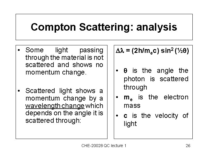 Compton Scattering: analysis • Some light passing through the material is not scattered and