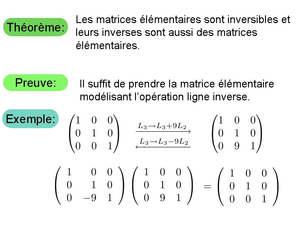 Théorème: Preuve: Exemple: Les matrices élémentaires sont inversibles et leurs inverses sont aussi des