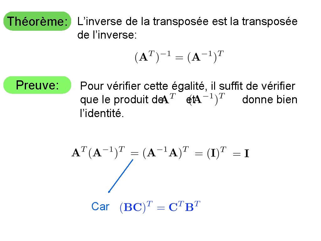 Théorème: L’inverse de la transposée est la transposée de l’inverse: Preuve: Pour vérifier cette