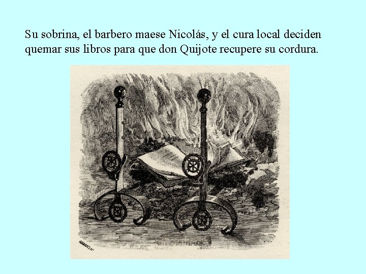 Su sobrina, el barbero maese Nicolás, y el cura local deciden quemar sus libros