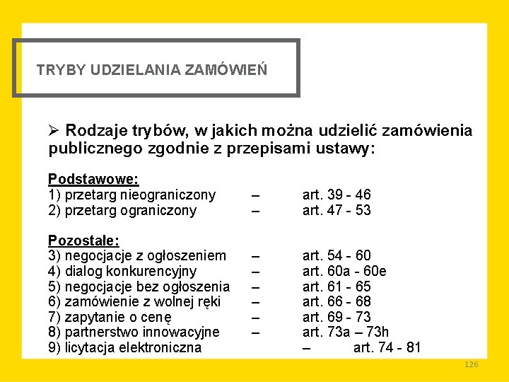 TRYBY UDZIELANIA ZAMÓWIEŃ Ø Rodzaje trybów, w jakich można udzielić zamówienia publicznego zgodnie z