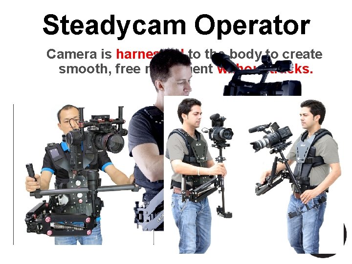 Steadycam Operator Camera is harnessed to the body to create smooth, free movement without Steadycam Operator Camera is harnessed to the body to create smooth, free movement without