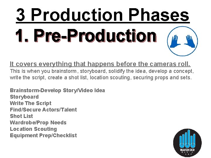 3 Production Phases 1. Pre-Production It covers everything that happens before the cameras roll. 3 Production Phases 1. Pre-Production It covers everything that happens before the cameras roll.