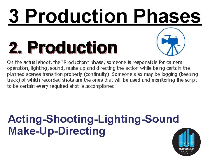 3 Production Phases 2. Production On the actual shoot, the “Production” phase, someone is 3 Production Phases 2. Production On the actual shoot, the “Production” phase, someone is