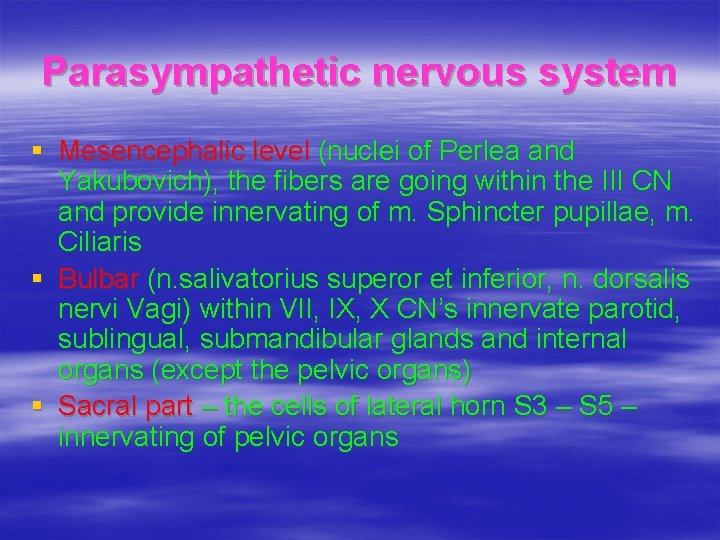 Parasympathetic nervous system § Mesencephalic level (nuclei of Perlea and Yakubovich), the fibers are