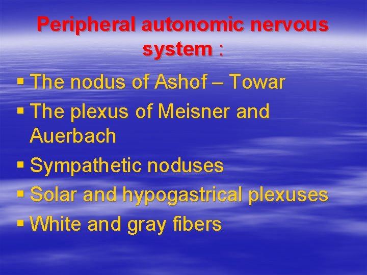 Peripheral autonomic nervous system : § The nodus of Ashof – Towar § The
