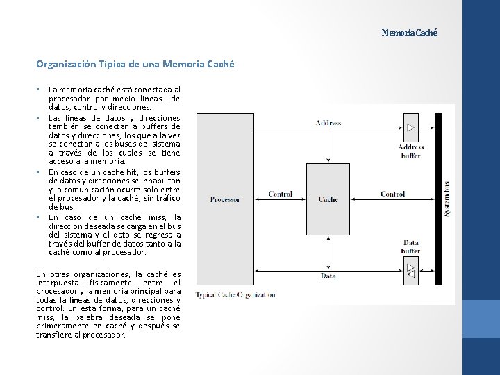 Memoria Caché Organización Típica de una Memoria Caché • La memoria caché está conectada